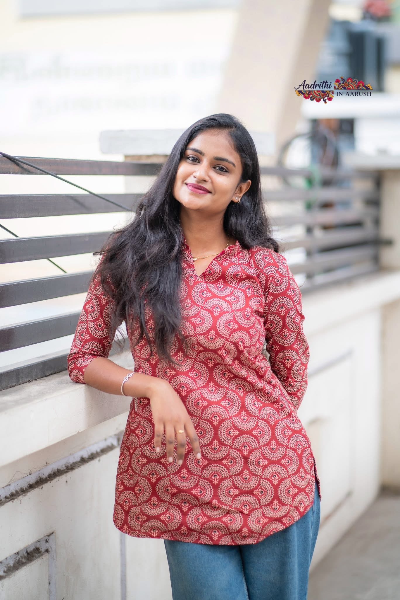 Vermillion Star - Red Ajrakh cotton short top