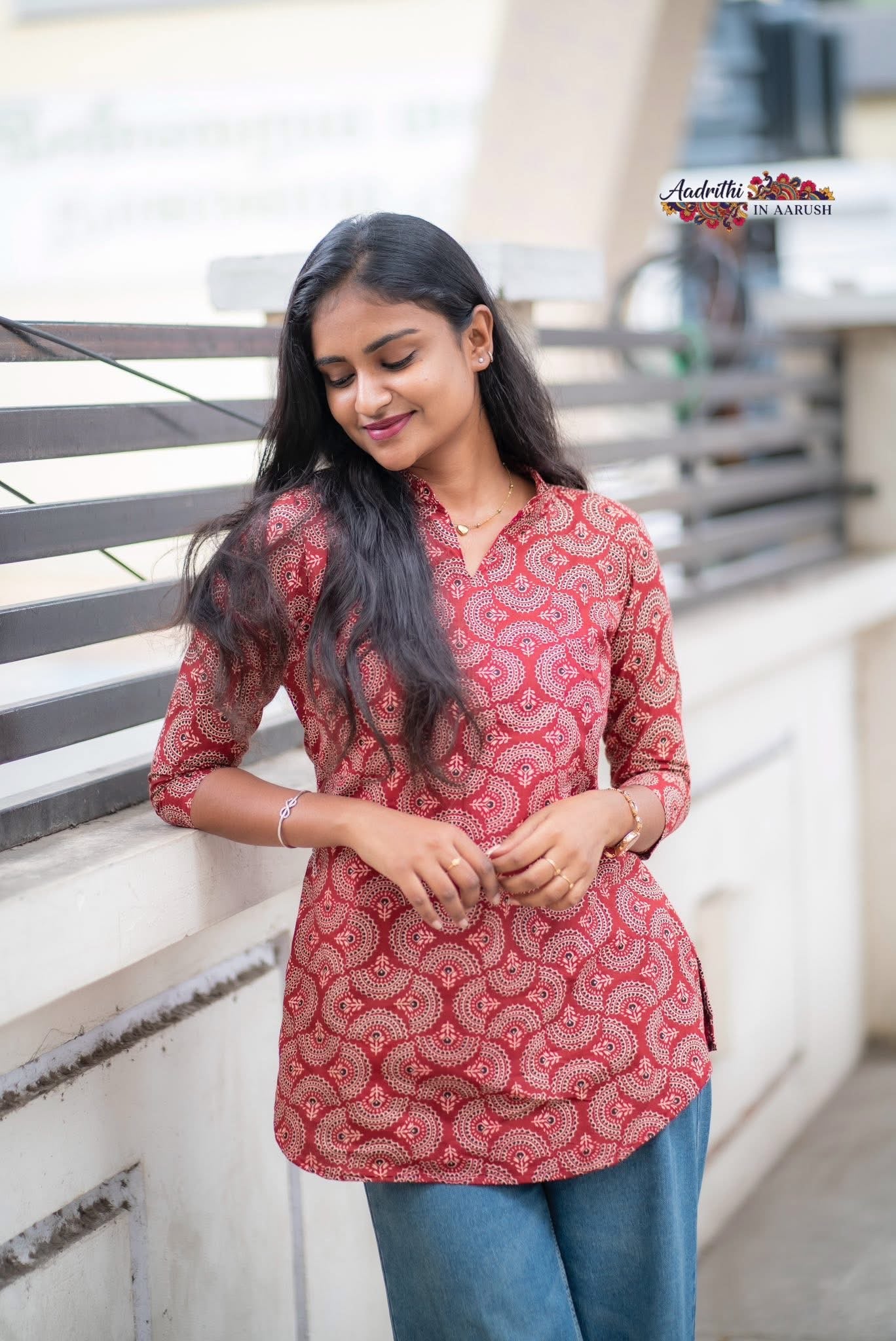 Vermillion Star - Red Ajrakh cotton short top