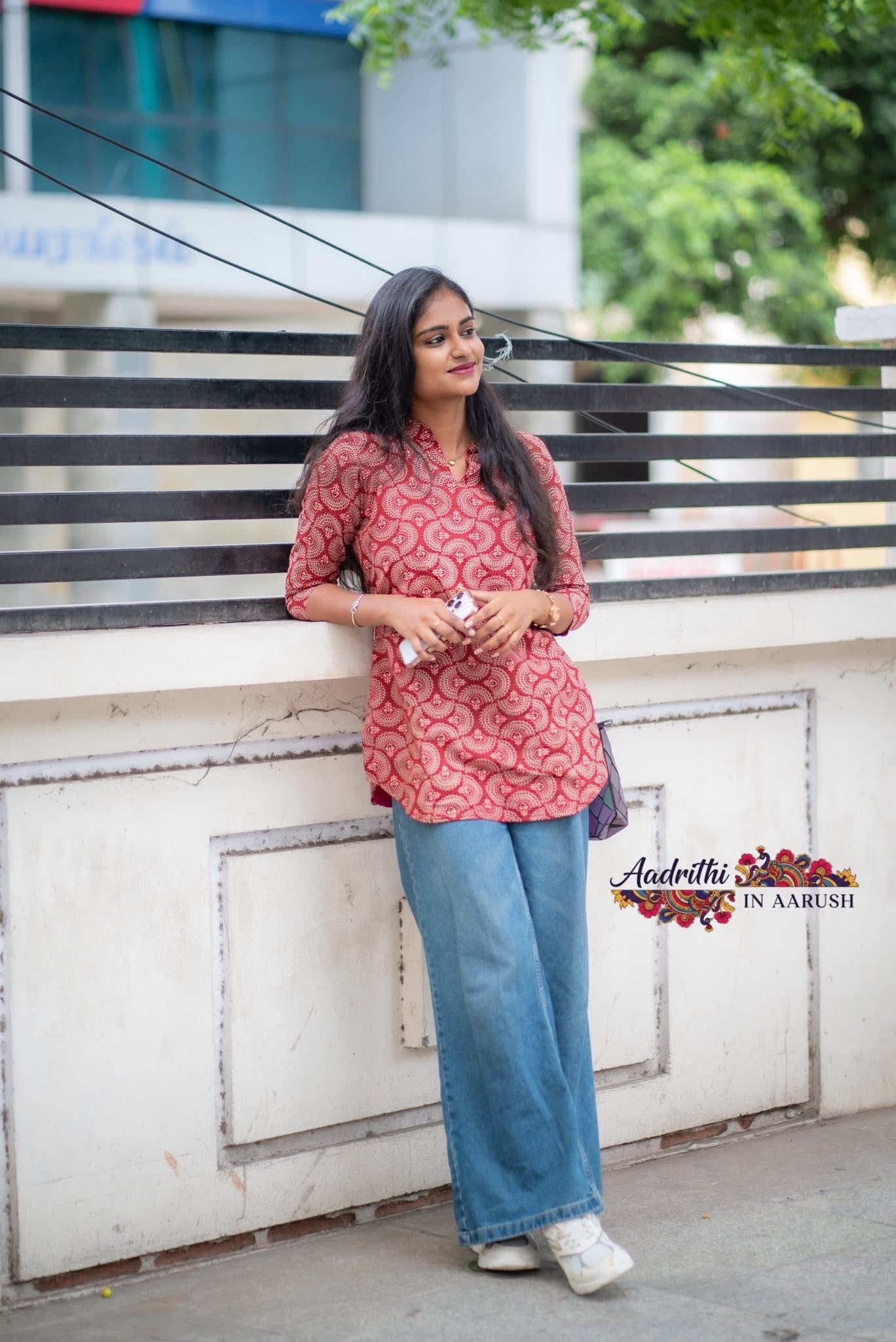 Vermillion Star - Red Ajrakh cotton short top
