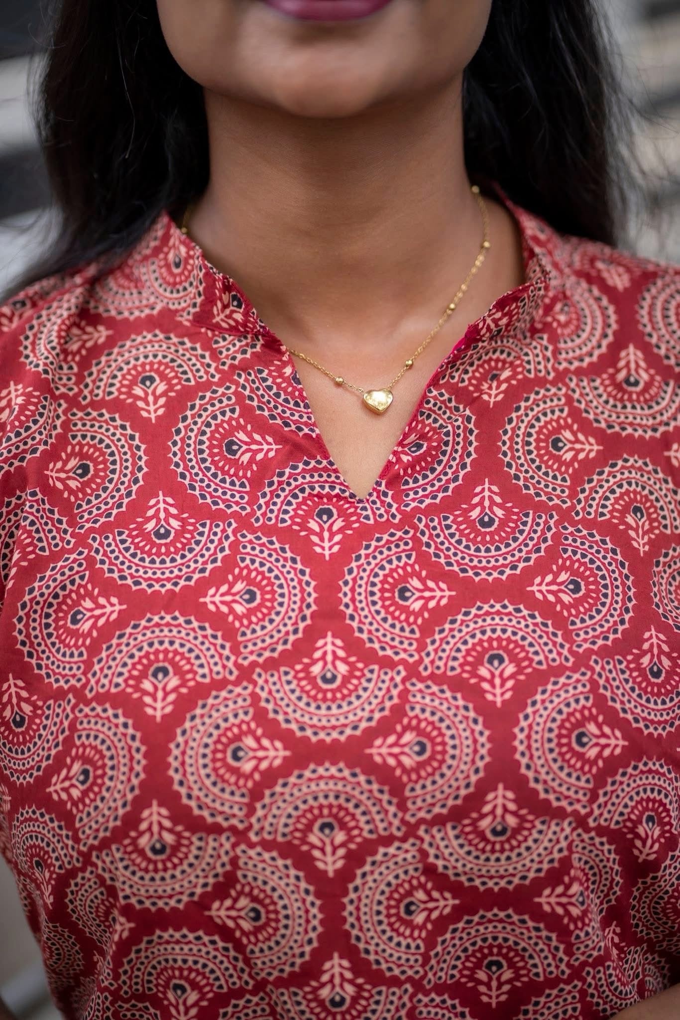 Vermillion Star - Red Ajrakh cotton short top