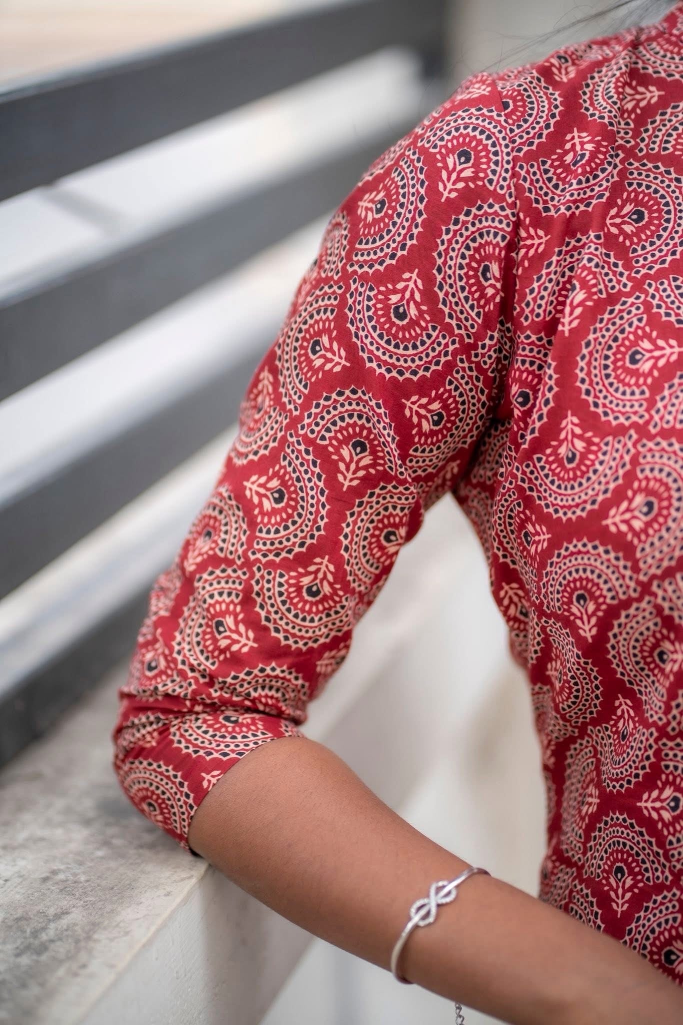 Vermillion Star - Red Ajrakh cotton short top