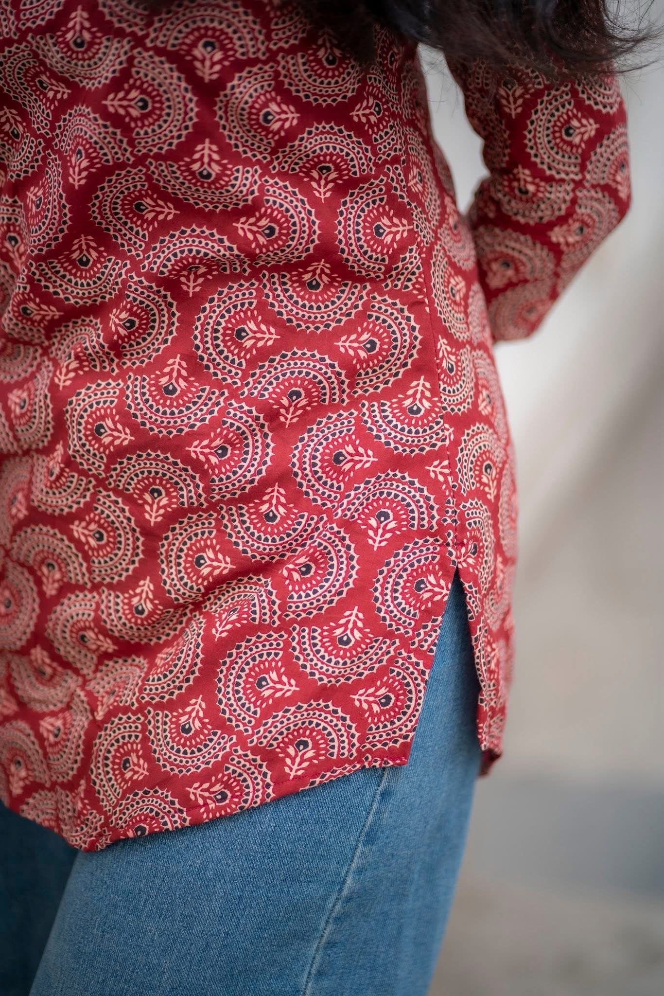 Vermillion Star - Red Ajrakh cotton short top