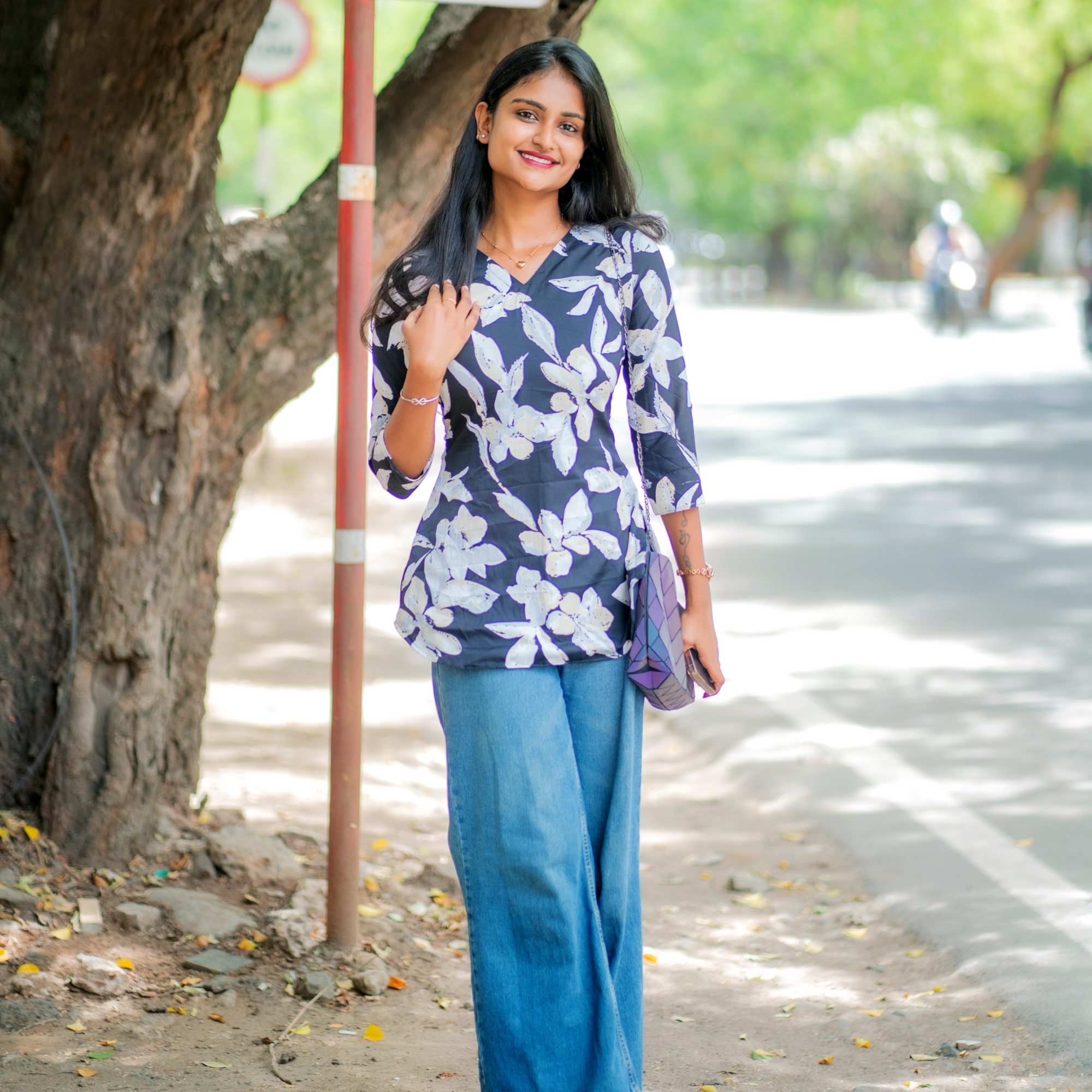 Black Rose - Black Floral cotton short top