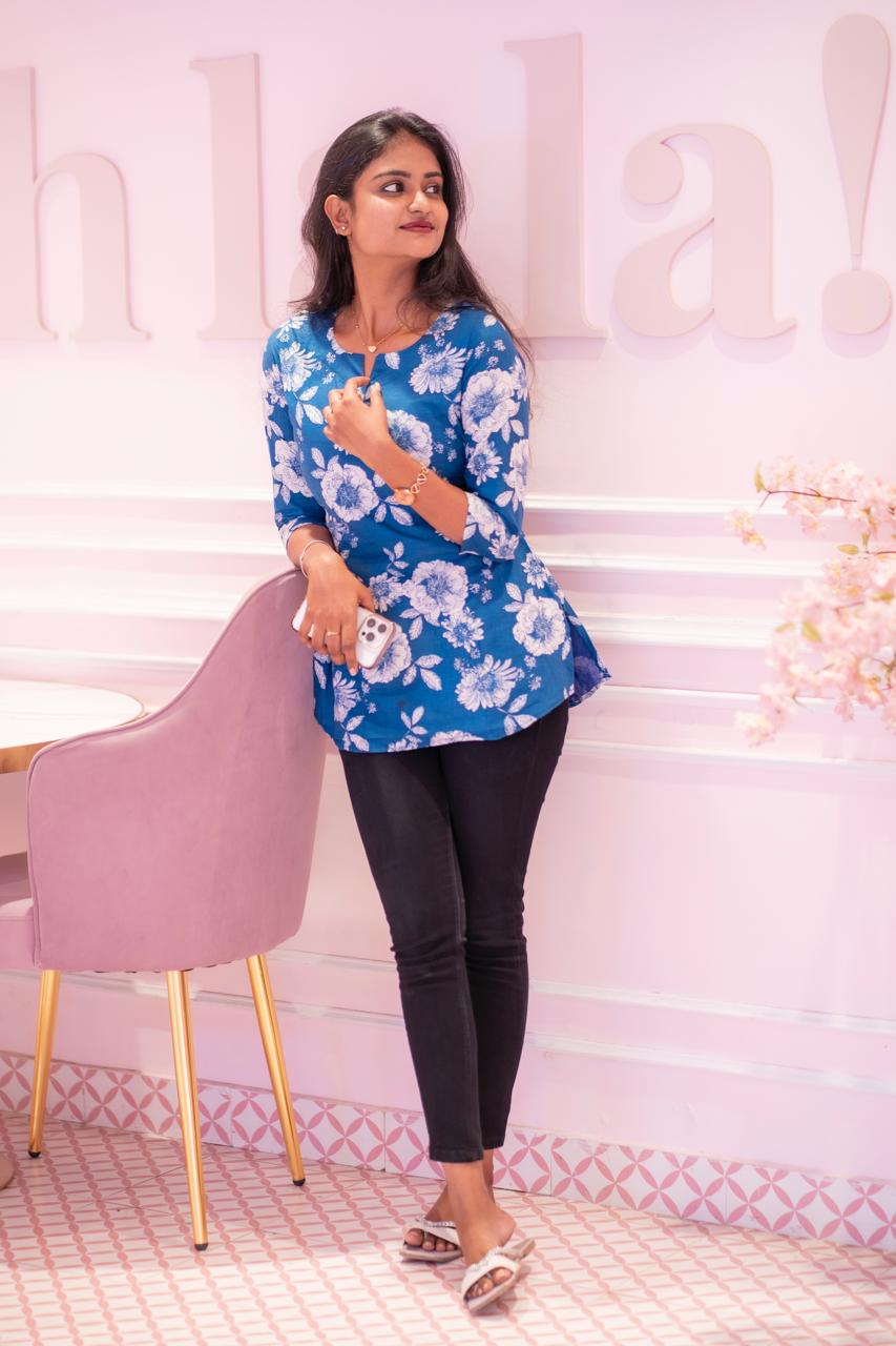 Neelanjana - Blue Floral cotton short top